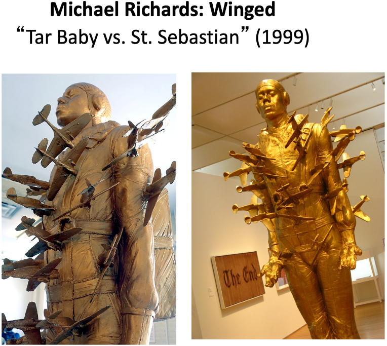 Photographs of Michael Richards’ sculpture “Winged (Tar Baby vs. St. Sebastian),” 1999.